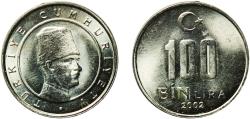 World Coins - Turkey Republic 2002 100 000 Lira Nickel brass (65% Copper, 18% Nickel, 17% Zinc) Turkish State Mint (165751000) 4.46g UNC  KM 1106 Schön 660