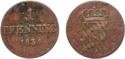 World Coins - Germany Kingdom of Bavaria German states 1834 1 Pfennig - Louis I Copper Munich Mint 1.07g F  AKS 93 Jaeg 5 Bay 25 KM 742 Wittelsbach 2775