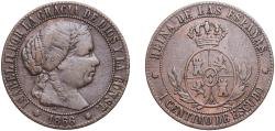 World Coins - Spain Kingdom 1866 OM 1 Centimo de Escudo - Isabel II Bronze Barcelona Mint 2.52g VF KM 633.1 Cal 653