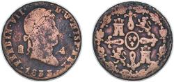 World Coins - Spain Kingdom 1833 4 Maravedis - Ferdinand VII (Segovia) Copper Segovia Mint 5.33g VF KM 489