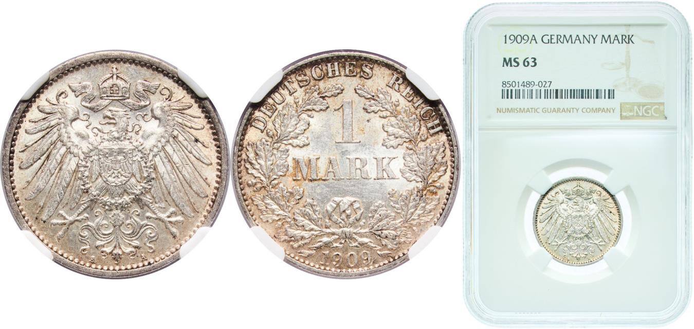 1939 マレーシア セント MS 63 BN Germany Second Empire 1909 A 1 Mark - Wilhelm II (type 2