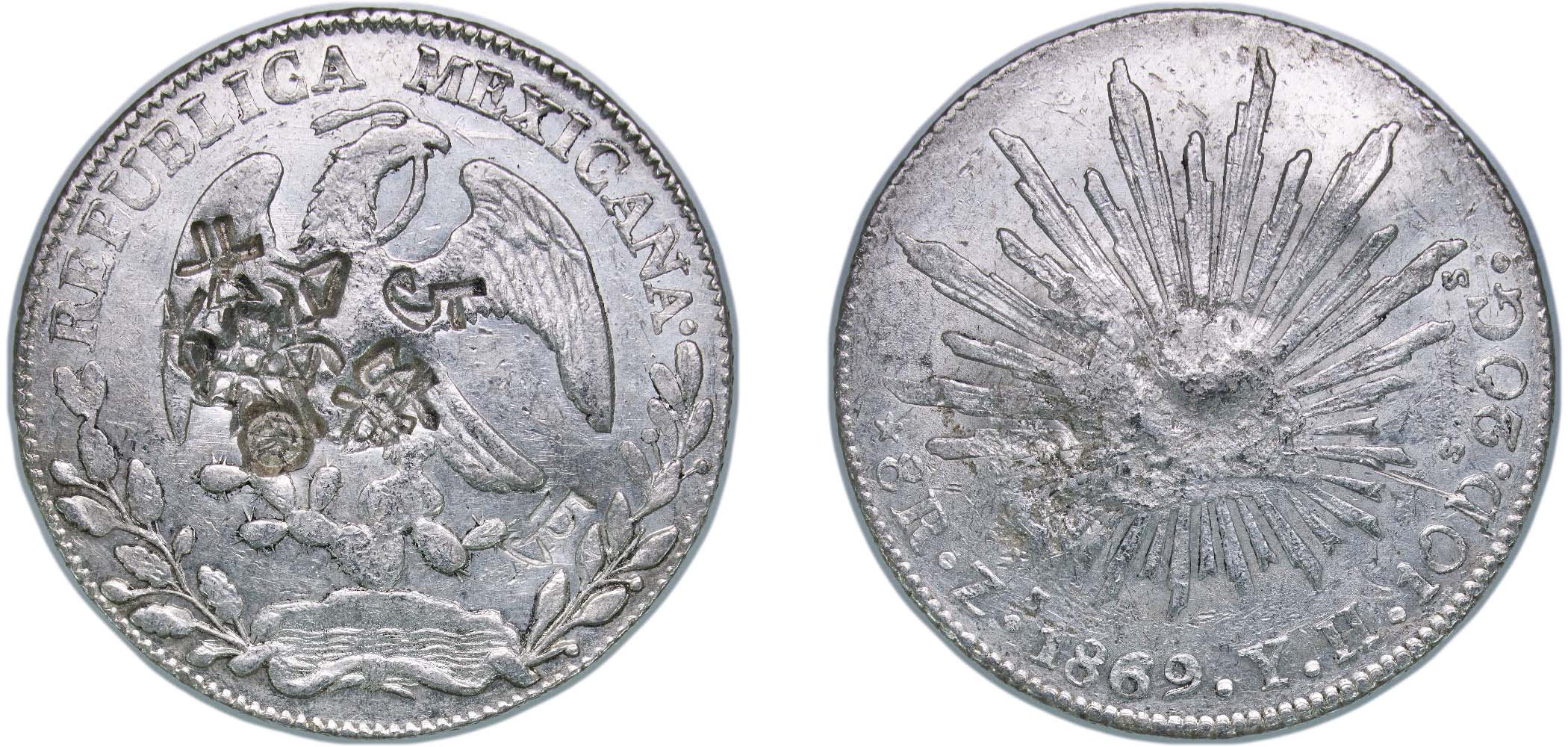 Mexico Federal Republic 1869 Zs YH 8 Reales Silver (.903) Zacatecas Mint 27.07g XF Chopmarked KM 377