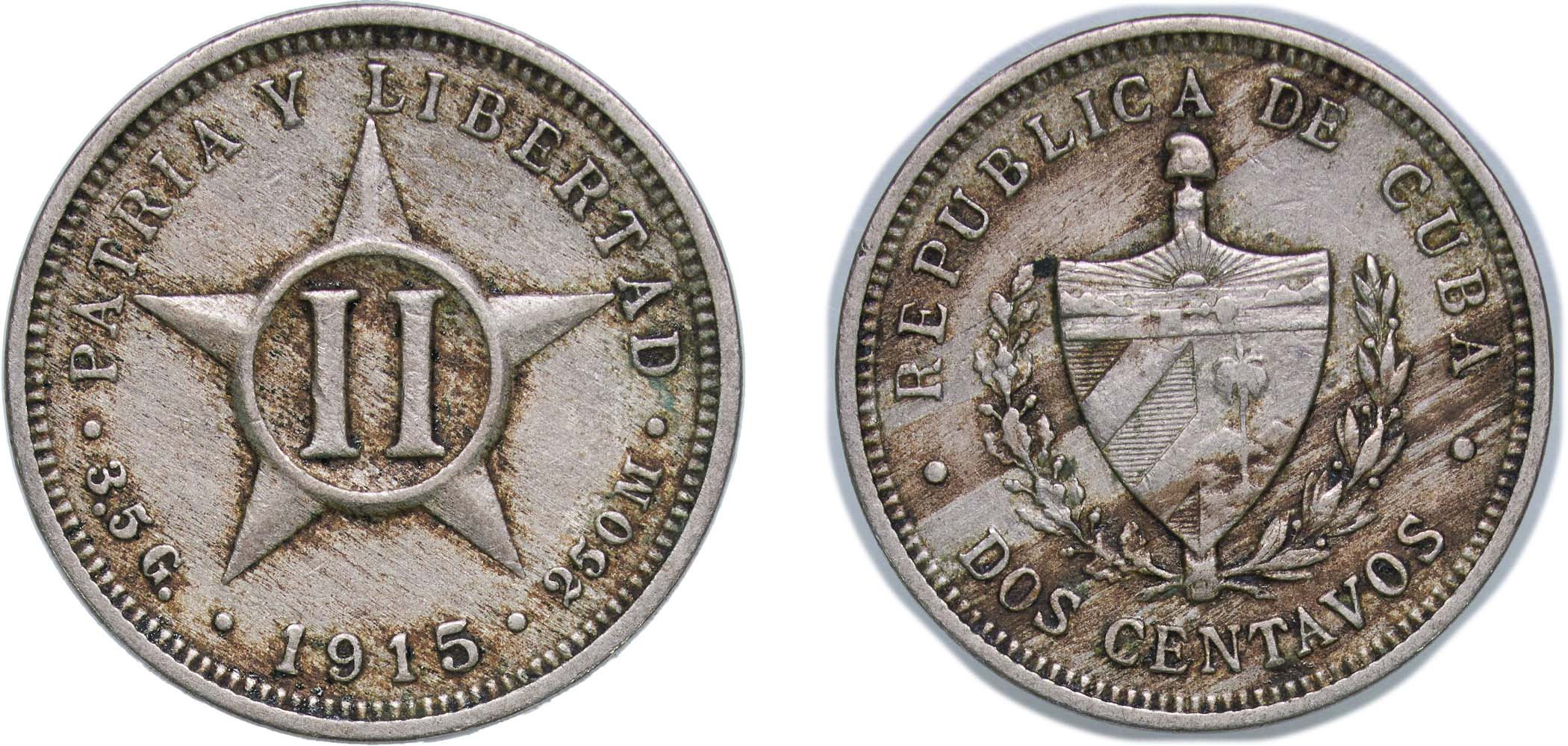Cuba First Republic 1915 2 Centavos (Patria y Libertad) Copper
