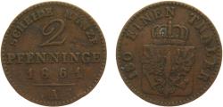 World Coins - Germany States Kingdom of Prussia Wilhelm I 1861 A 2 Pfenninge 2.8g