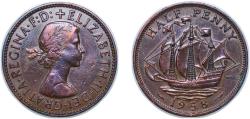 World Coins - Great Britain United Kingdom 1958 ½ Penny - Elizabeth II (1st portrait; without 'BRITT:OMN') Bronze 5.72g XF KM 896 Sp 4158