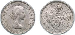 World Coins - Great Britain United Kingdom 1966 6 Pence - Elizabeth II (1st portrait; no 'BRITT:OMN') Copper-nickel (175676000) 2.83g AU KM 903 Sp 4149