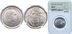 World Coins - Spain 1957 *59 50 Pesetas - Francisco Franco Copper-nickel Madrid Mint (28000000) 12.5g NGC MS 63 KM 788 Cal 17 Schön 36