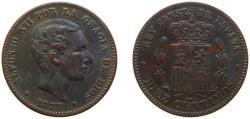 World Coins - Spain Kingdom 1877 OM 10 Centimos - Alfonso XII Bronze (95% copper, 4% tin, 1% zinc) Barcelona Mint (29567000) 10g XF KM 675