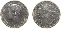 World Coins - Spain Kingdom 1896 *9-6 PGV 50 Centimos - Alfonso XIII (3rd portrait) Silver (.835) Madrid Mint (296930) 2.5g XF KM 705 Cal 59