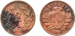 World Coins - Switzerland Federal State 1904 B 2 Rappen (Wreath; bronze; light type) Bronze (95% copper, 4% tin, 1% zinc) Bern Mint (500000) 2.51g XF  HMZ 2 1213 Divo/Tob19 323 KM 4 Schön 16 Y
