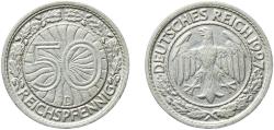 World Coins - Germany Weimar Republic 1927 D 50 Reichspfennig Nickel Munich Mint (2227572) 3.51g XF  KM 49 AKS 40 J 324 Schön 42