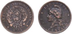 World Coins - Argentina Federal Republic 1884 2 Centavos Bronze (5667000) 9.76g VF KM 33