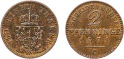 World Coins - Germany Kingdom of Prussia German states 1871 C 2 Pfenninge - William I Copper Frankfurt am Main Mint 2.89g XF  AKS 107 Old/Mue 2 425, 428, 432 KM 481 Neum 18 Schr 189-210