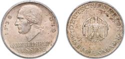 World Coins - Germany Germany - 1871-1948 Weimar Republic 1929 A 3 Reichsmark (Lessing) Silver (.500) Berlin Mint (216760) 15.07g AU KM 60 J 335 Schön 59