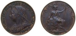 World Coins - Great Britain 1899 1 Farthing - Victoria (4th portrait) Bronze (95% Cu, 4% Sn, 1% Zn) Royal Mint (Tower Hill) (3864600) 2.83g AU KM788 Sp3963 Sp3964