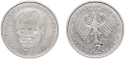World Coins - Germany Federal Republic of Germany 1994 F 2 Deutsche Mark (Willy Brandt) Copper-nickel clad nickel Staatliche Münze Baden-Württemberg Mint (6000000) 7g XF KM 183 J 459 Schön 182