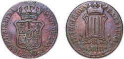 World Coins - Spain Principality of Catalonia Kingdom 1837 6 Cuartos - Isabella II (6 CUAR) Copper Barcelona Mint 14.62g XF Cal 682 KM 128