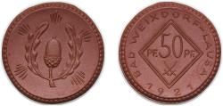 World Coins - Weixdorf, Municipality of 1921 50 Pfennig - Bad Weixdorf-Lausa Porcelain (brown) 2.9g UNC Men05 26467.3 Scheuch 253a