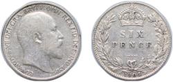 World Coins - Great Britain United Kingdom 1904 6 Pence - Edward VII Silver (.925) (4487000) 2.8g VF KM 799 Sp 3983