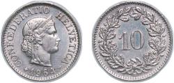 World Coins - Switzerland Federal State 1964 B 10 Rappen (Libertas; copper-nickel) Copper-nickel (75% copper, 25% nickel; non-magnetic) (16340000) 3g AU HMZ 2 1210 Divo/Tob19 314 KM 27 Schön 25