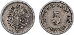 World Coins - Germany Germany - 1871-1948 1875 G 5 Pfennigs - Wilhelm I (type 1 - large shield) Copper-nickel (Cu 750, Ni 250) (10219581) 2.5g XF KM 3 AKS 15 J 3 Schön 3 Neum 33