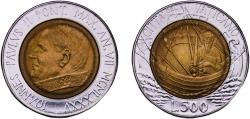 World Coins - Vatican City City State 1985 R 500 Lire - John Paul II (Saint Peter) Bimetallic: bronzital centre in acmonital ring Rome Mint (226000) 6.79g BU  KM 190 Berman 3538