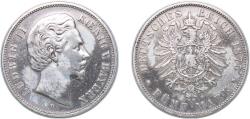 World Coins - Germany Kingdom of Bavaria German states 1875 D 5 Mark - Louis II Silver (.900) Munich Mint (656751) 27.45g XF KM 896 J 42 Schön 4 AKS 194 Dav GT III 616