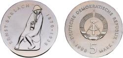 World Coins - Germany German Democratic Republic Democratic republic 1988 A 5 Mark (Ernst Barlach) Copper-nickel Berlin Mint (51601) 12.55g UNC KM 122