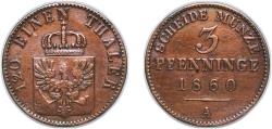 World Coins - Germany Kingdom of Prussia German states 1860 A 3 Pfennigs - Frederick William IV Copper Berlin Mint 4.5g XF AKS 90 Old/Mue 2 335 Jaeg 9 Pr 52 KM 453 Neum 35 Schr 186-282