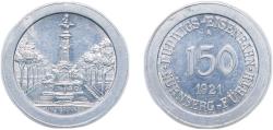 World Coins - Germany Germany - 1871-1948 Weimar Republic 1921 A 150 Pfennig (Nürnberg-Fürth) [Railroad, Bavaria] Aluminium 2.2g AU Men05 19217.2 Men18 24057.2