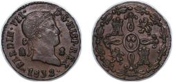 World Coins - Spain Kingdom 1832 2 Maravedis - Ferdinand VII (Segovia) Copper Segovia Mint 2.32g AU KM 487