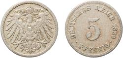 World Coins - Germany Second Empire 1899 A 5 Pfennig - Wilhelm II (type 2 - small shield) Copper-nickel (Cu 750, Ni 250) Berlin Mint (10833872) 2.44g XF  KM 11 AKS 16 J 12 Schön 12 Neum 32
