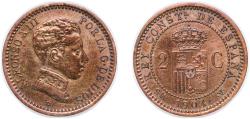 World Coins - Spain 1904 *04 SMV 2 Centimos - Alfonso XIII (4th portrait) Bronce (10000000) 1.96g XF KM 722 Cal 67
