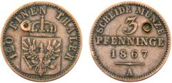 World Coins - Germany State Kingdom of Prussia Wilhelm I 1867 A 3 Pfenninge
