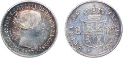 World Coins - Spain Kingdom 1853 2 Reales - Isabel II Silver (.900) Barcelona Mint 2.64g AU KM 599 Cal 343