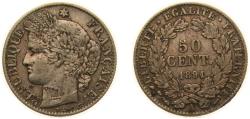 World Coins - France Third Republic 1894 A 50 Centimes Silver (.835) Paris Mint (3600000) 2.5g XF F 189 Gad 419 KM 834 Gad 419a