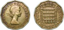 World Coins - Great Britain United Kingdom 1958 3 Pence - Elizabeth II (1st portrait; without 'BRITT:OMN') Nickel brass (20504000) 6.87g XF KM 900 Sp 4153