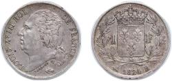 World Coins - France Kingdom 1824 B 1 Franc - Louis XVIII Silver (.900) Rouen Mint (65563) 5.07g XF KM 709.2