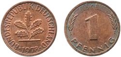 World Coins - Germany 1978 F 1 Pfennig Copper clad iron (90% Iron, 10% Copper) Stuttgart Mint (180000000) 2g AU  KM 105 J 380 Schön 103