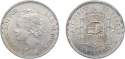 World Coins - Spain Kingdom 1892 *18-92 PGM 5 Pesetas - Alfonso XIII Silver (.900) Madrid Mint (7000000) 24.94g UNC KM 700 Cal 19