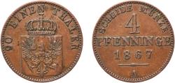 World Coins - Germany Kingdom of Prussia German states 1867 A 4 Pfenninge - Wilhelm I Copper Berlin Mint 5.93g XF  AKS 105 Old/Mue 2 423, 430 KM 483 Neum 16 Schr 148-61