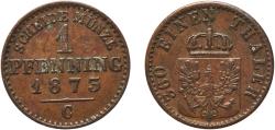 World Coins - Germany Kingdom of Prussia German states 1873 C 1 Pfenning - Wilhelm I Copper Frankfurt am Main Mint 1.44g XF  AKS 108 Old/Mue 2 426, 429, 433 KM 480 Kahnt/Schön 84 Neum 19