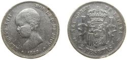 World Coins - Spain Kingdom 1889 *1?-8? MPM 2 Pesetas - Alfonso XIII (1st portrait) Silver (.835) Madrid Mint (559000) 10g VF KM 692