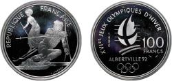 World Coins - France Fifth Republic 1990 100 Francs (Slalom Skiing) Silver (.900) (106901) 22.3g PF KM 984