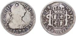World Coins - Bolivia Spanish colony 1774 PTS JR 2 Reales - Carlos III Silver (.903) Potosi Mint 6.47g VF Holed KM 53