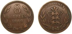 World Coins - Guernsey British dependency 1868 8 Doubles - Victoria Bronze (60000) 9.6g VF KM 7 Schön 8