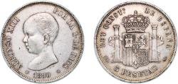 World Coins - Spain Kingdom 1890 *18-90 MPM 5 Pesetas - Alfonso XIII (1st portrait) Silver (.900) Madrid Mint (4275258) 24.97g XF  KM 689
