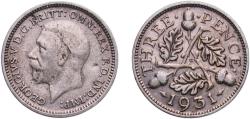 World Coins - Great Britain United Kingdom Kingdom 1931 3 Pence - George V (4th issue) Silver (.500) Royal Mint (Tower Hill) (6251900) 1.39g AU  KM 831 Sp 4042