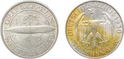 World Coins - Germany - 1871-1948 Weimar Republic 1930 D 3 Reichsmark (Graf Zeppelin) Silver (.500) (140600) 15.01g UNC KM 67 J 342