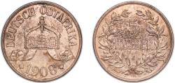 World Coins - German East Africa German colony 1908 J 5 Heller - Wilhelm II Bronze Hamburgische Münze Mint (600000) 19.74g AU KM 11 Schön 8